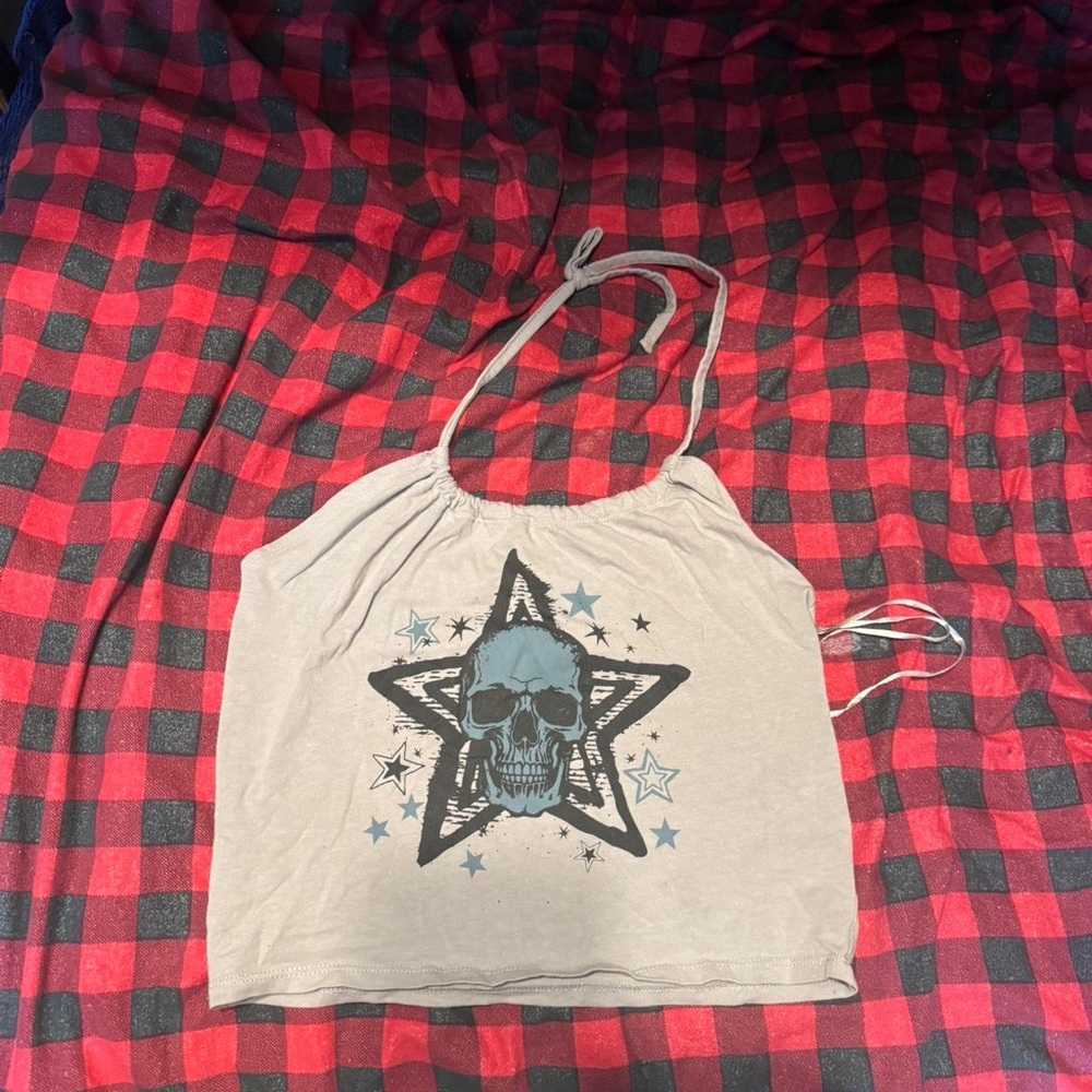 Light Gray Halter Tank with Skull & Star Graphic